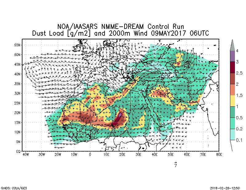 Dust load [g/m2] and 2000m Wind - 2017-05-09 06:00
