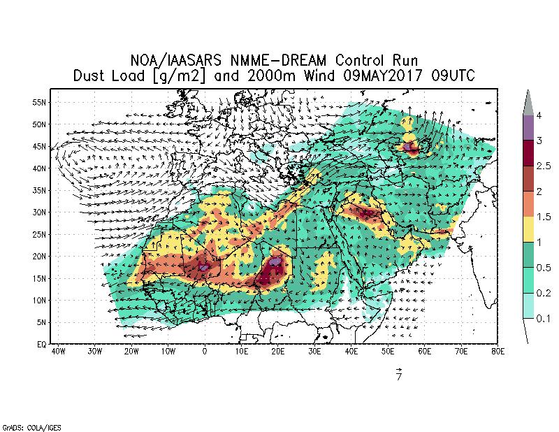 Dust load [g/m2] and 2000m Wind - 2017-05-09 09:00
