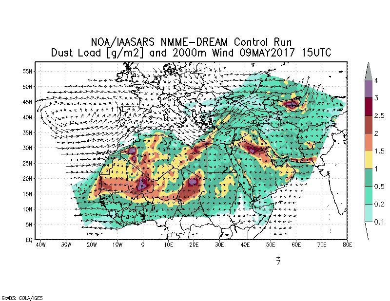 Dust load [g/m2] and 2000m Wind - 2017-05-09 15:00