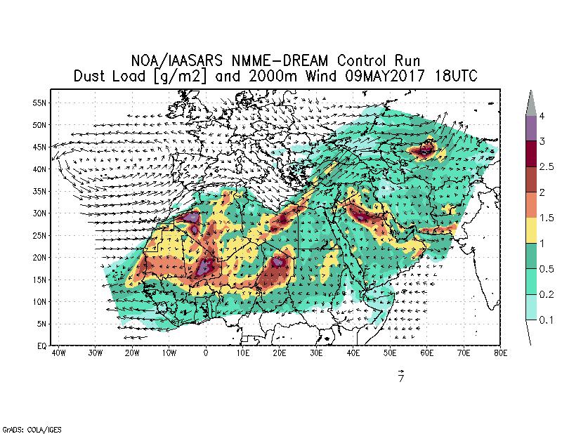 Dust load [g/m2] and 2000m Wind - 2017-05-09 18:00