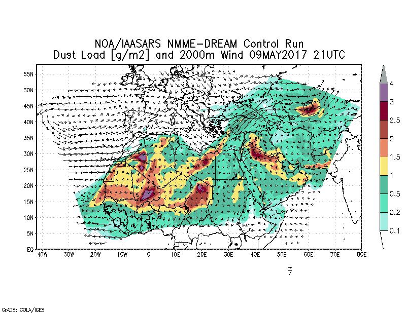 Dust load [g/m2] and 2000m Wind - 2017-05-09 21:00