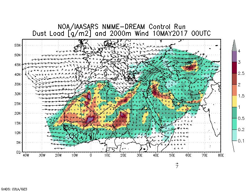 Dust load [g/m2] and 2000m Wind - 2017-05-10 00:00