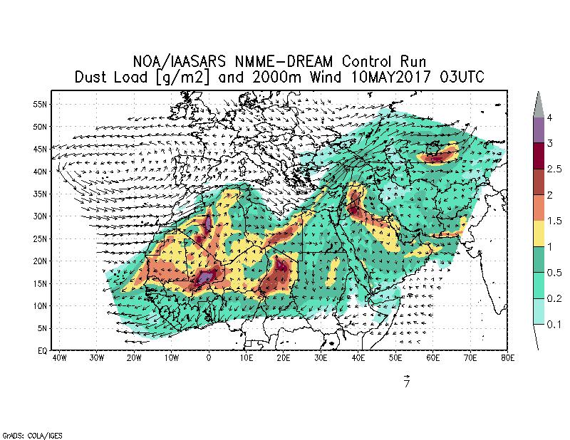 Dust load [g/m2] and 2000m Wind - 2017-05-10 03:00