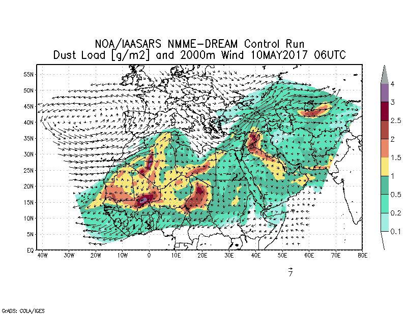 Dust load [g/m2] and 2000m Wind - 2017-05-10 06:00