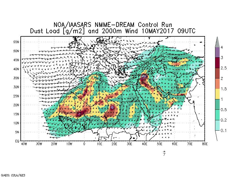 Dust load [g/m2] and 2000m Wind - 2017-05-10 09:00