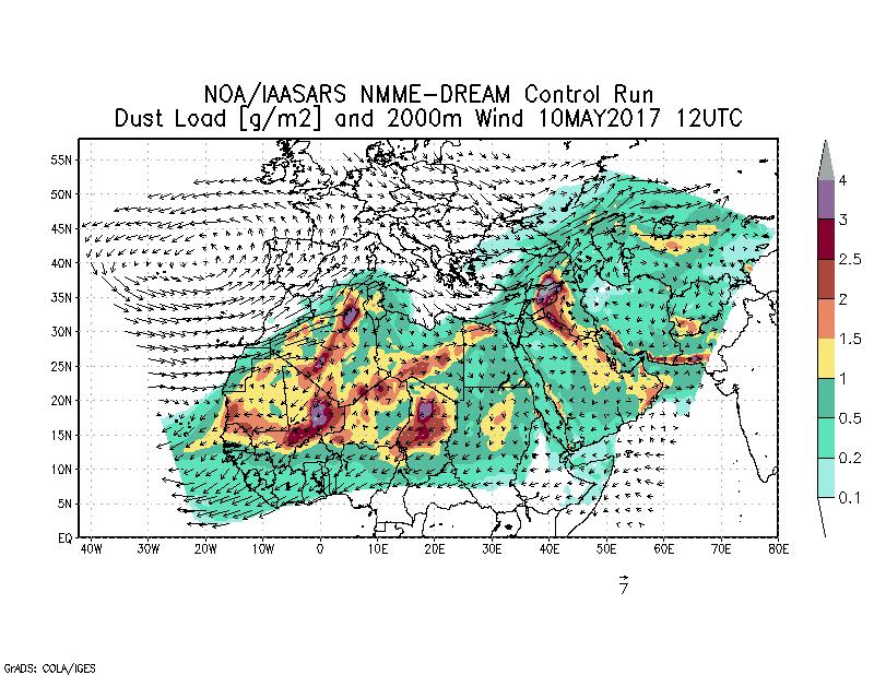 Dust load [g/m2] and 2000m Wind - 2017-05-10 12:00