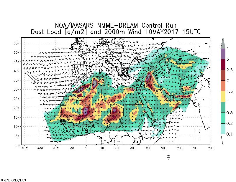 Dust load [g/m2] and 2000m Wind - 2017-05-10 15:00