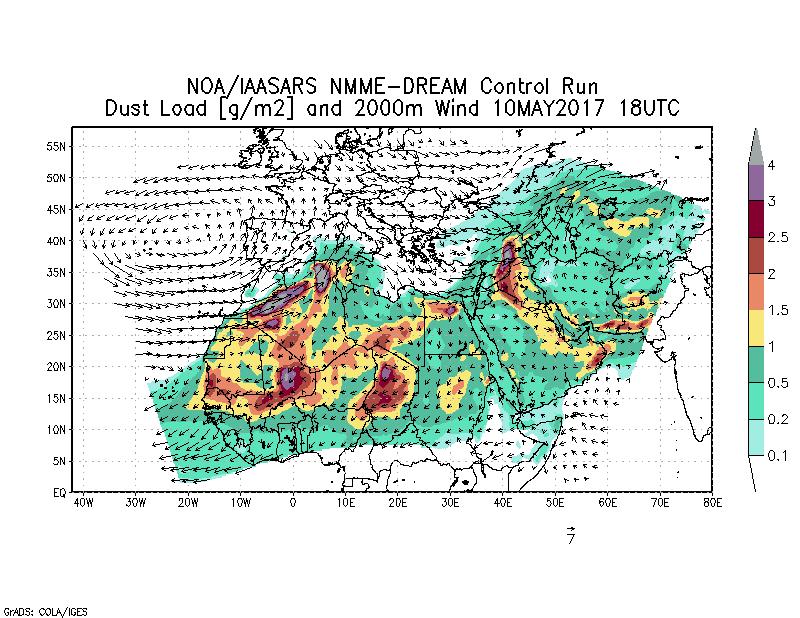 Dust load [g/m2] and 2000m Wind - 2017-05-10 18:00