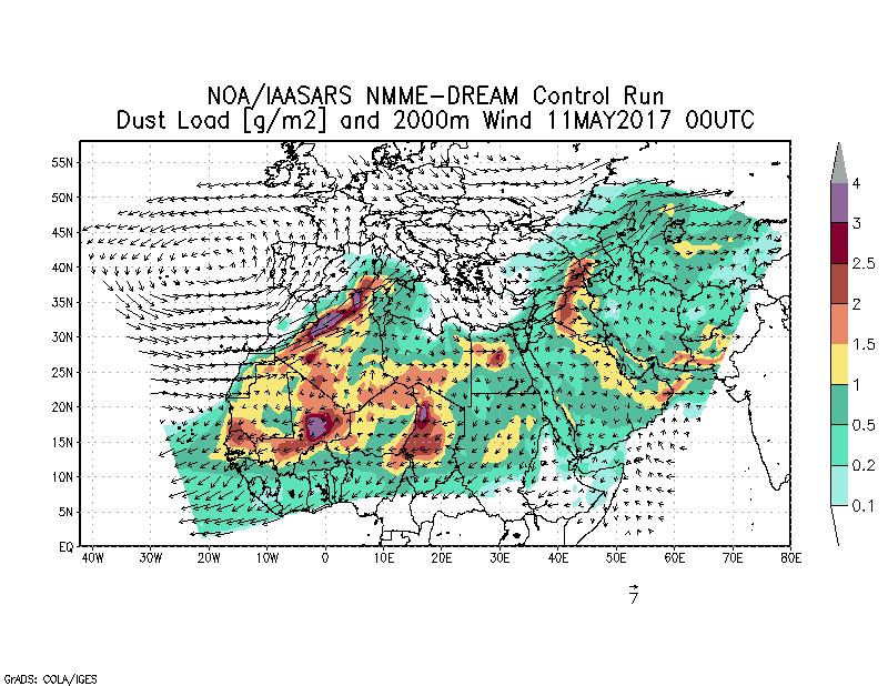 Dust load [g/m2] and 2000m Wind - 2017-05-11 00:00