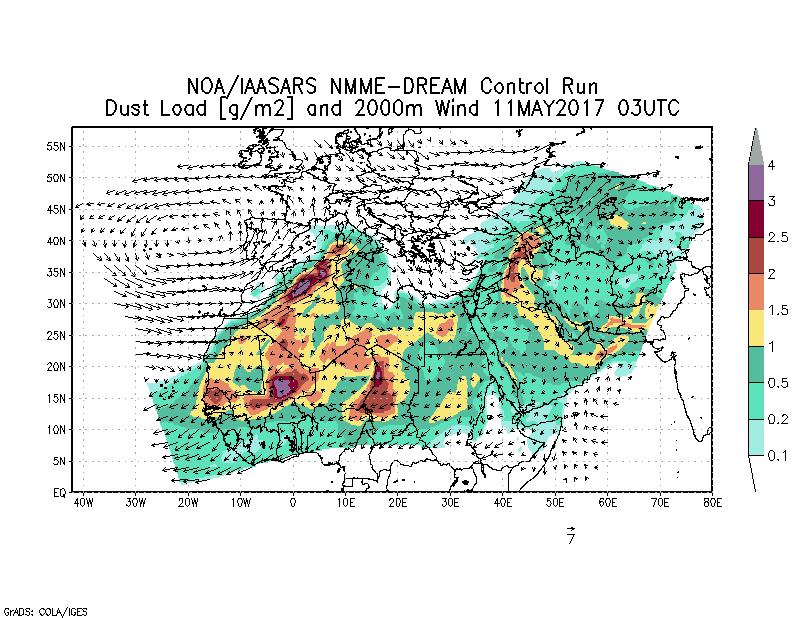 Dust load [g/m2] and 2000m Wind - 2017-05-11 03:00