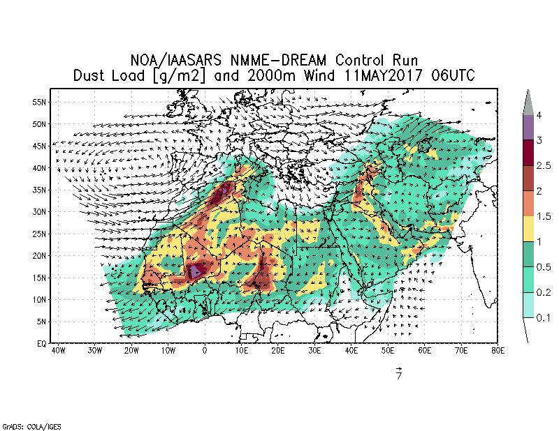 Dust load [g/m2] and 2000m Wind - 2017-05-11 06:00