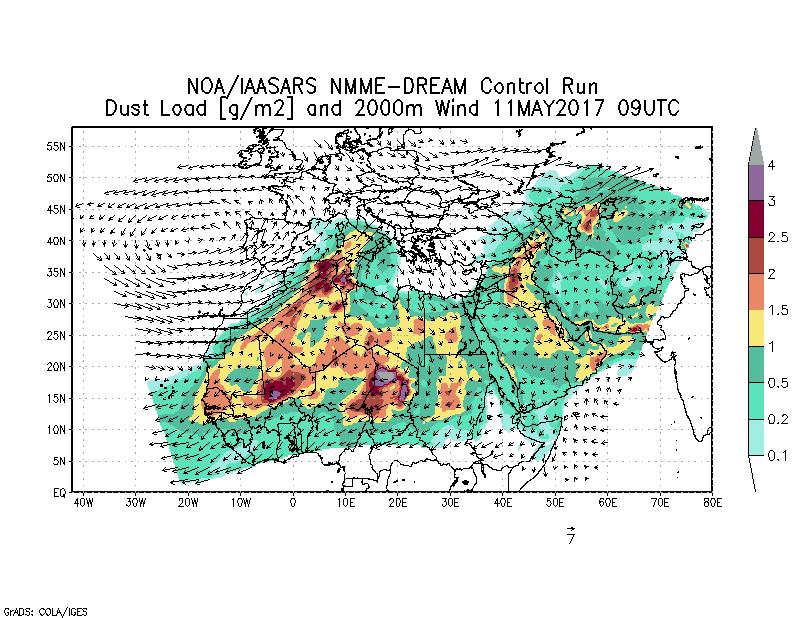 Dust load [g/m2] and 2000m Wind - 2017-05-11 09:00