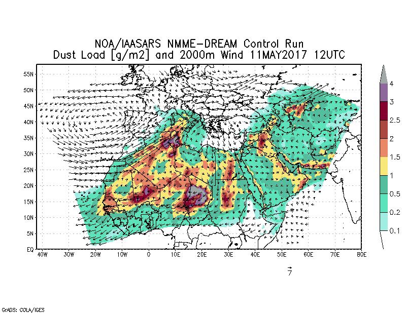 Dust load [g/m2] and 2000m Wind - 2017-05-11 12:00