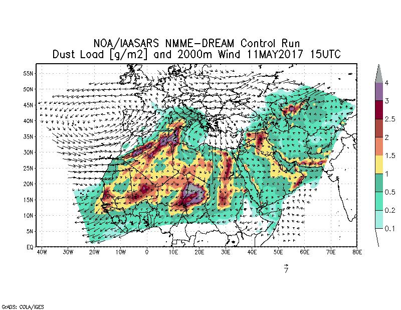 Dust load [g/m2] and 2000m Wind - 2017-05-11 15:00