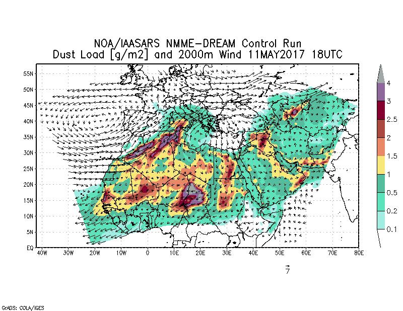 Dust load [g/m2] and 2000m Wind - 2017-05-11 18:00