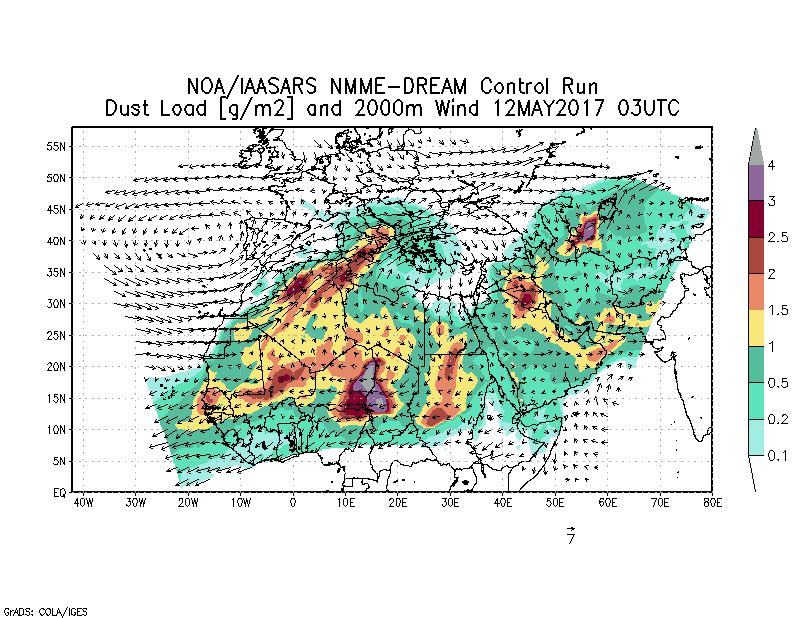 Dust load [g/m2] and 2000m Wind - 2017-05-12 03:00