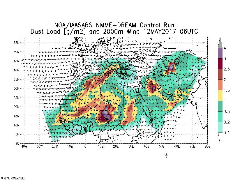 Dust load [g/m2] and 2000m Wind - 2017-05-12 06:00