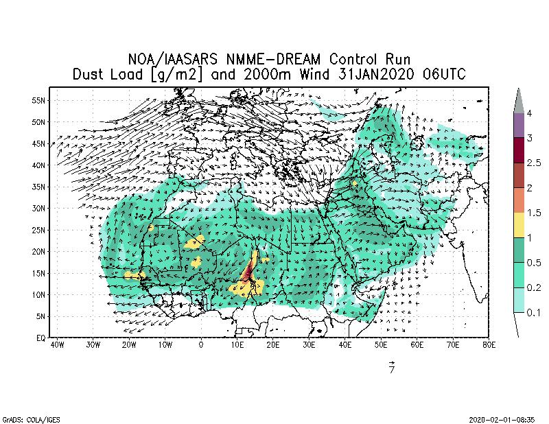 Dust load [g/m2] and 2000m Wind - 2020-01-31 06:00