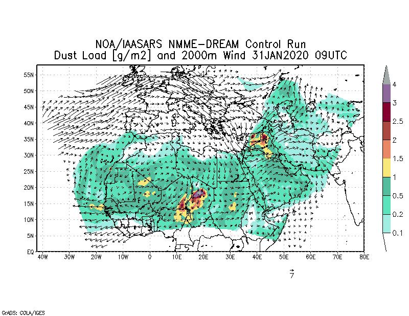 Dust load [g/m2] and 2000m Wind - 2020-01-31 09:00