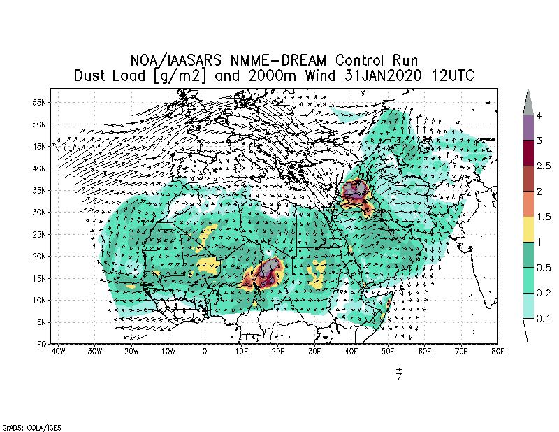 Dust load [g/m2] and 2000m Wind - 2020-01-31 12:00