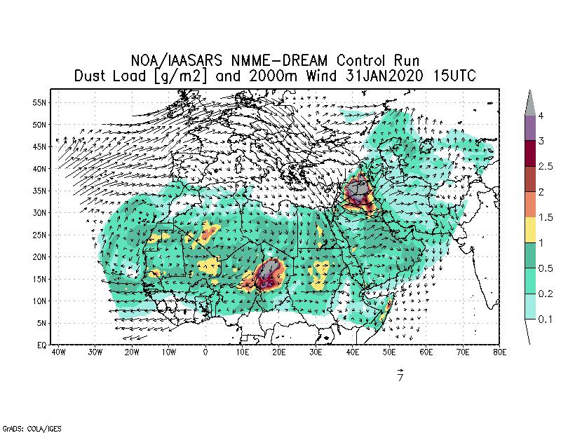 Dust load [g/m2] and 2000m Wind - 2020-01-31 15:00