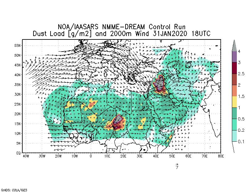 Dust load [g/m2] and 2000m Wind - 2020-01-31 18:00