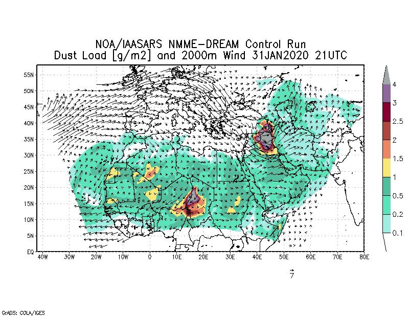 Dust load [g/m2] and 2000m Wind - 2020-01-31 21:00