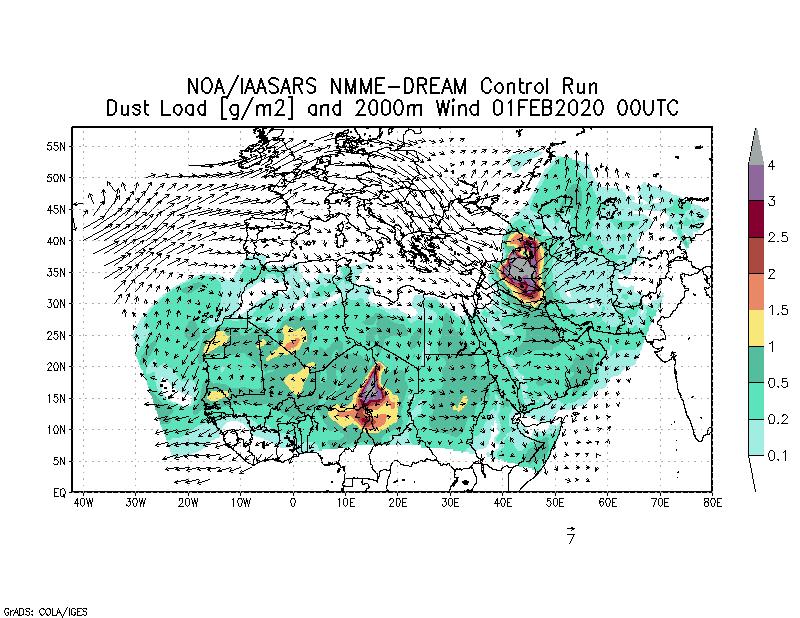 Dust load [g/m2] and 2000m Wind - 2020-02-01 00:00