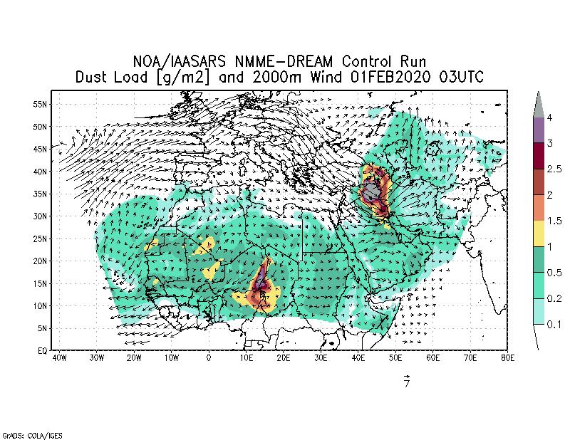 Dust load [g/m2] and 2000m Wind - 2020-02-01 03:00