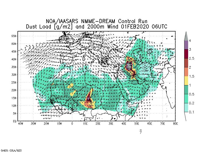 Dust load [g/m2] and 2000m Wind - 2020-02-01 06:00