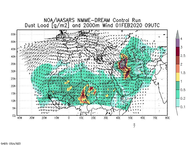 Dust load [g/m2] and 2000m Wind - 2020-02-01 09:00