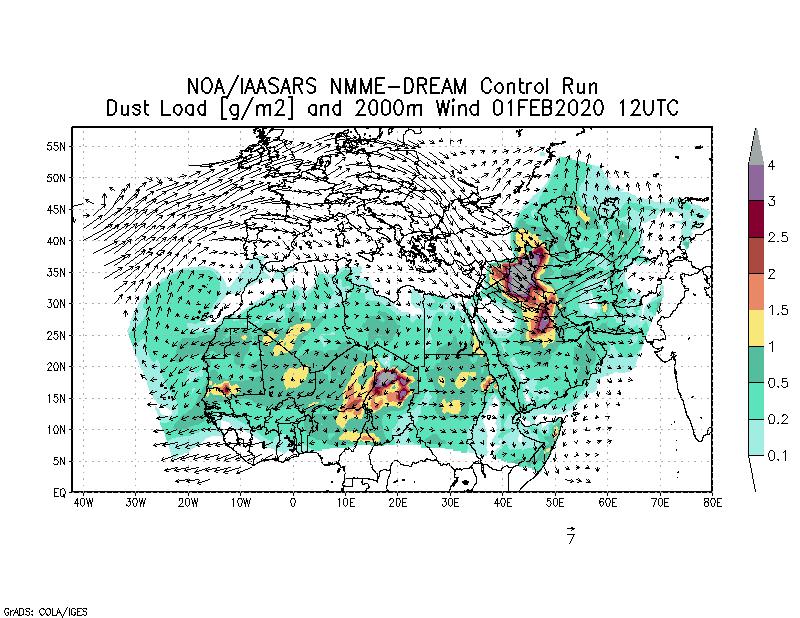 Dust load [g/m2] and 2000m Wind - 2020-02-01 12:00