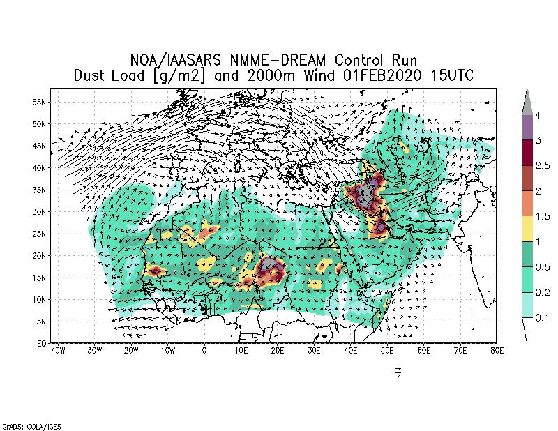 Dust load [g/m2] and 2000m Wind - 2020-02-01 15:00