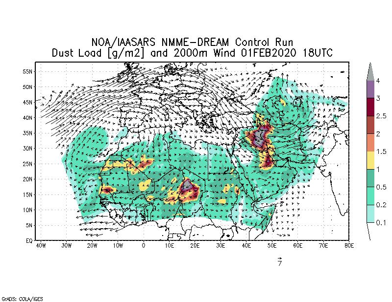 Dust load [g/m2] and 2000m Wind - 2020-02-01 18:00