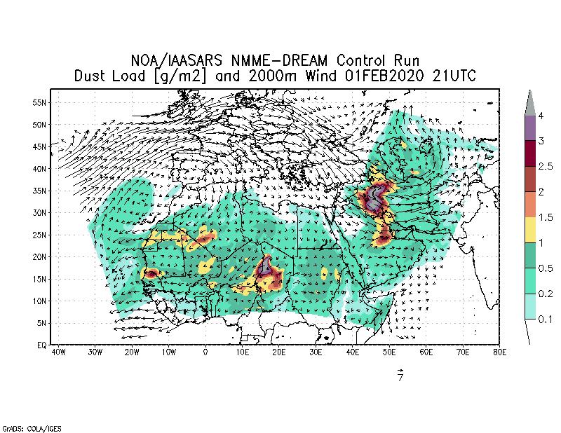 Dust load [g/m2] and 2000m Wind - 2020-02-01 21:00