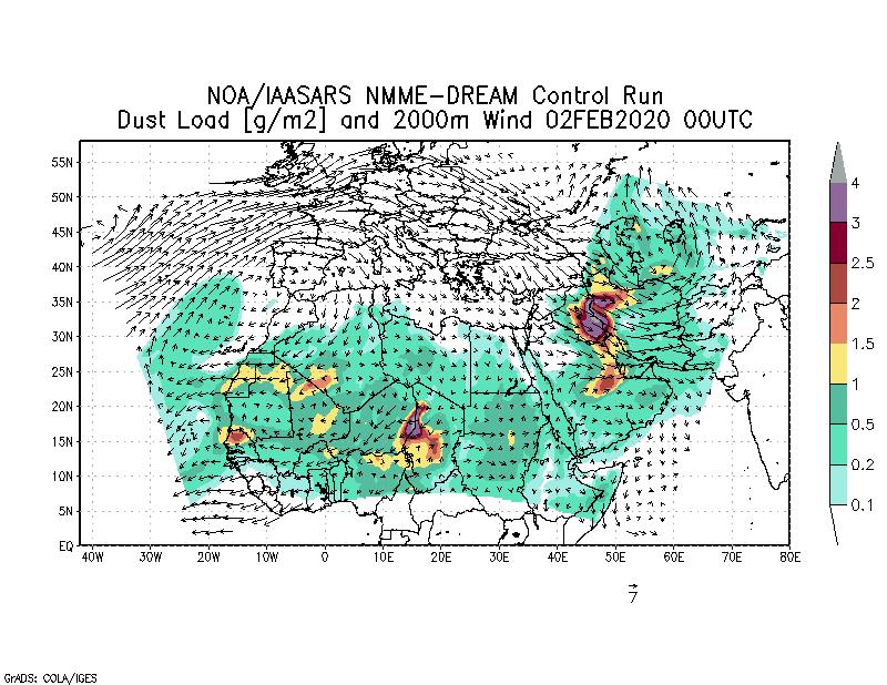 Dust load [g/m2] and 2000m Wind - 2020-02-02 00:00