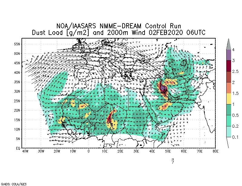 Dust load [g/m2] and 2000m Wind - 2020-02-02 06:00