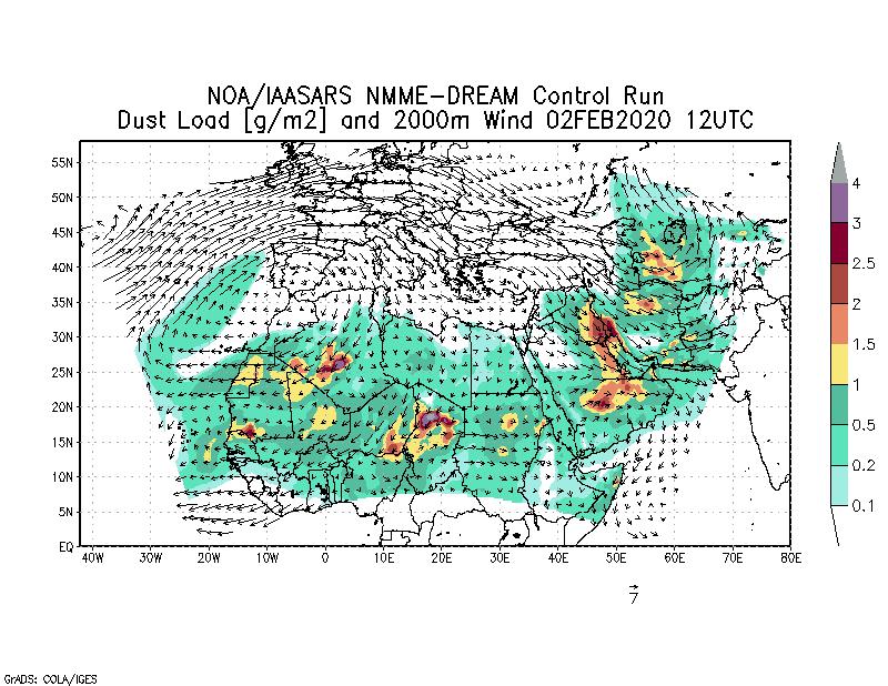 Dust load [g/m2] and 2000m Wind - 2020-02-02 12:00