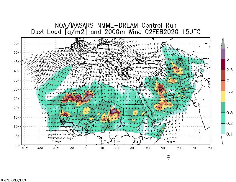 Dust load [g/m2] and 2000m Wind - 2020-02-02 15:00