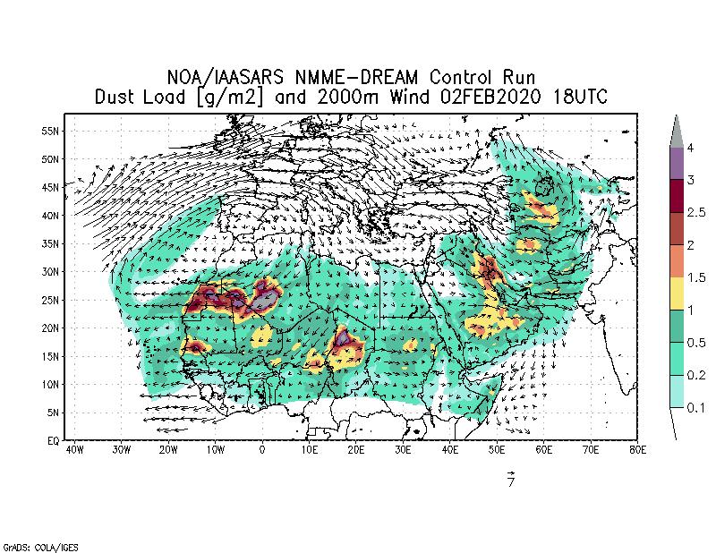 Dust load [g/m2] and 2000m Wind - 2020-02-02 18:00