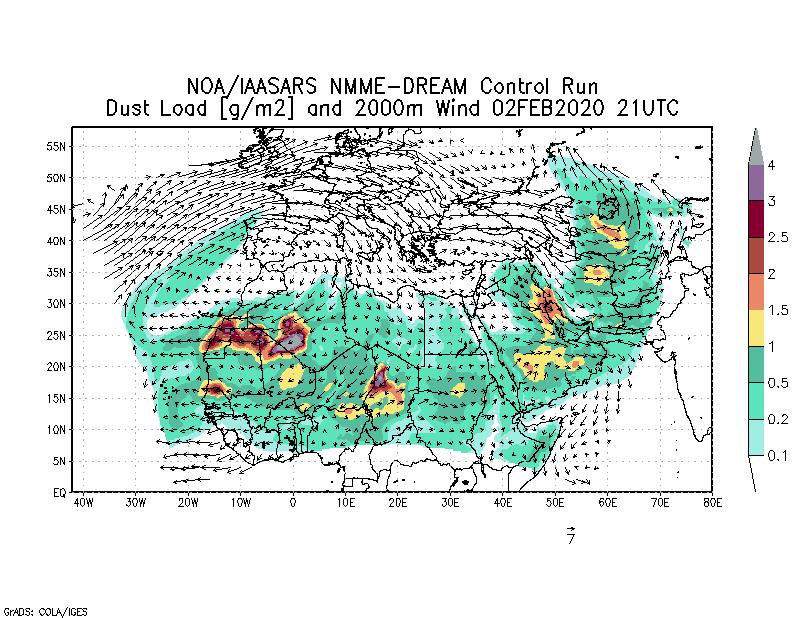 Dust load [g/m2] and 2000m Wind - 2020-02-02 21:00