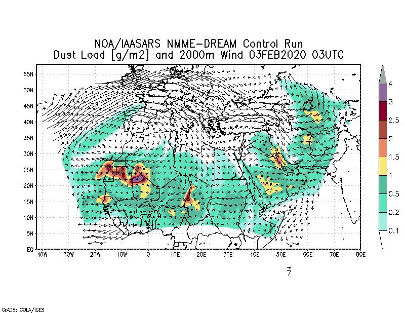 Dust load [g/m2] and 2000m Wind - 2020-02-03 03:00