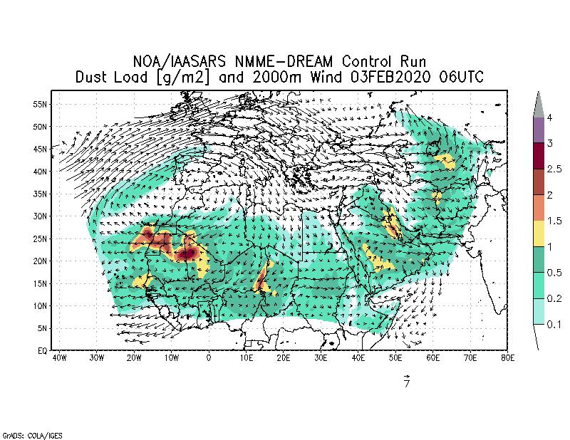 Dust load [g/m2] and 2000m Wind - 2020-02-03 06:00