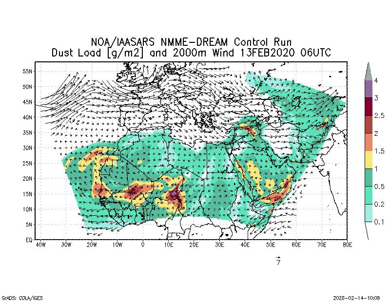 Dust load [g/m2] and 2000m Wind - 2020-02-13 06:00