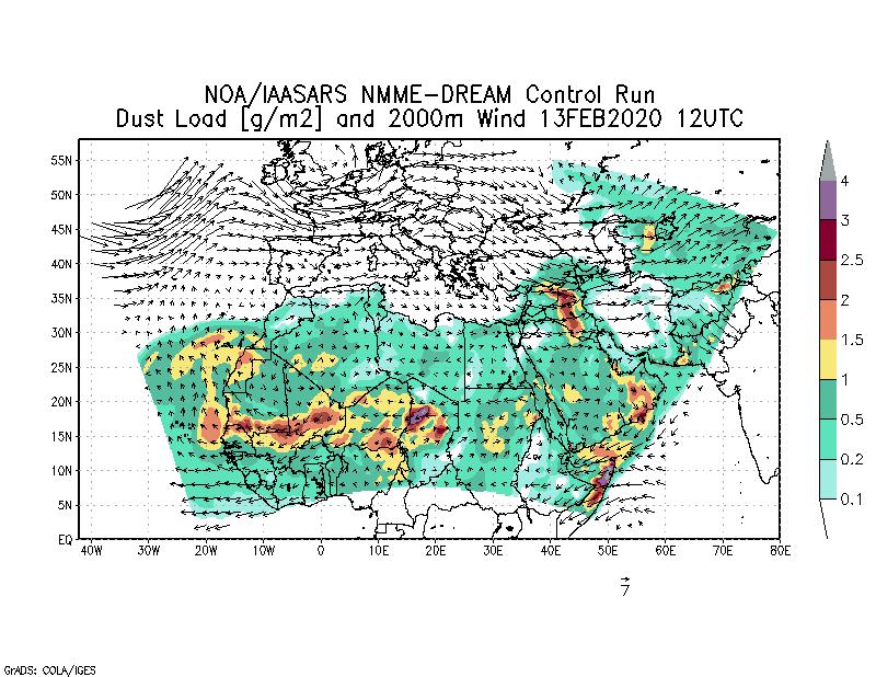 Dust load [g/m2] and 2000m Wind - 2020-02-13 12:00