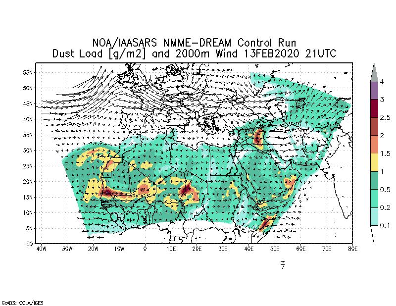 Dust load [g/m2] and 2000m Wind - 2020-02-13 21:00