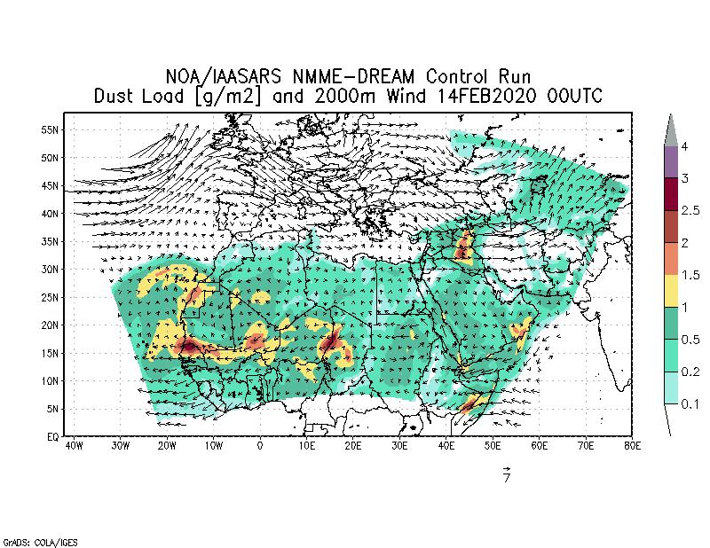 Dust load [g/m2] and 2000m Wind - 2020-02-14 00:00