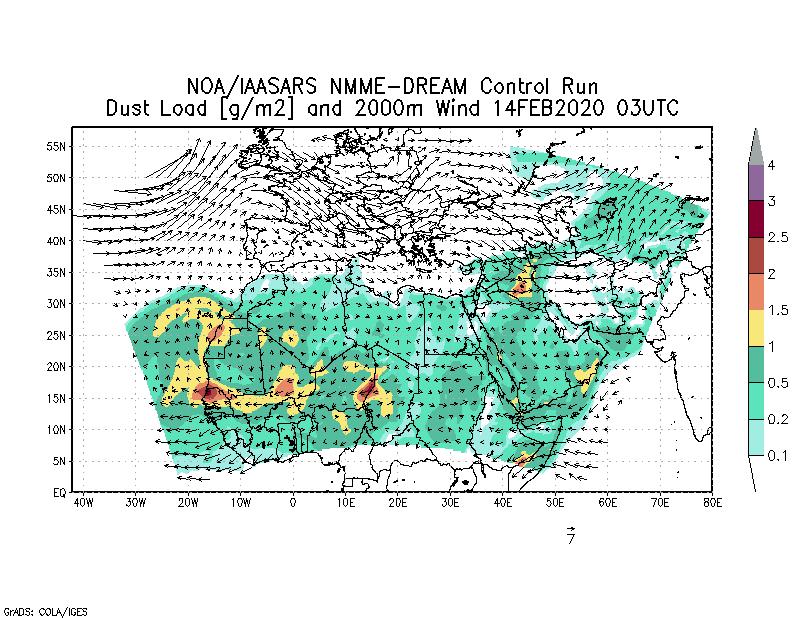 Dust load [g/m2] and 2000m Wind - 2020-02-14 03:00