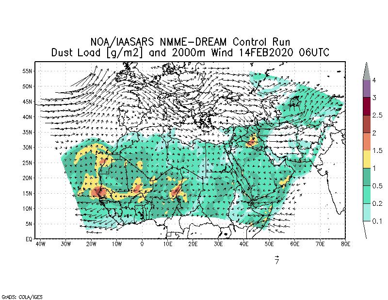 Dust load [g/m2] and 2000m Wind - 2020-02-14 06:00