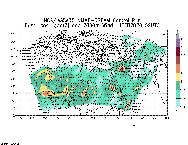 Dust load [g/m2] and 2000m Wind - 2020-02-14 09:00